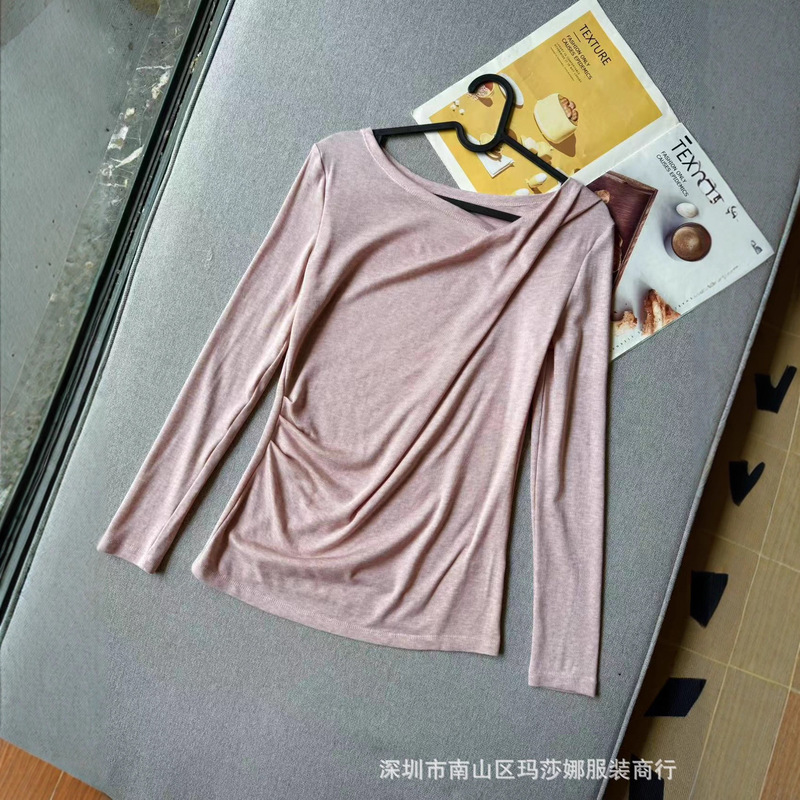 深圳南油新款斜领褶皱欧货早秋新款显瘦设计感修身上衣打底衫百搭|undefined