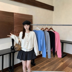 2025年新款秋装新款胖mm大码女甜美麻花彩色纽扣圆领针织软糯上衣