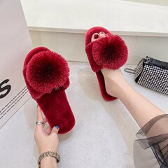 Flat fuzzy slippers for women, outdoor wear, fashionable 2023 new autumn and winter pom-pom one-piece head warm cotton slippers