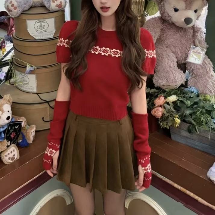 Christmas Fair Isle Diamond Snowflake Sleeve Sweater for Women, New Autumn and Winter Red Retro Slim-Fit Short Knit Top Christmas Fair Isle Diamond Snowflake Sleeve Sweater for Women, New Autumn and Winter Red Retro Slim-Fit Short Knit Top