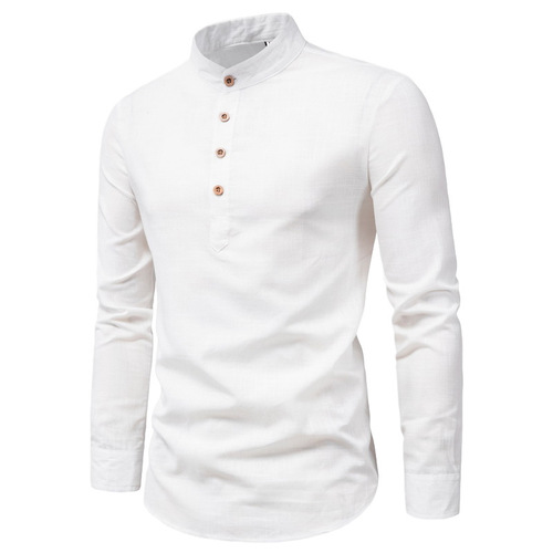  Cross-border Overseas Trade Men's Fashion Slim Fit Solid Color Long Sleeve Business Stand Collar Cotton Linen Semi-Open Men's Shirt