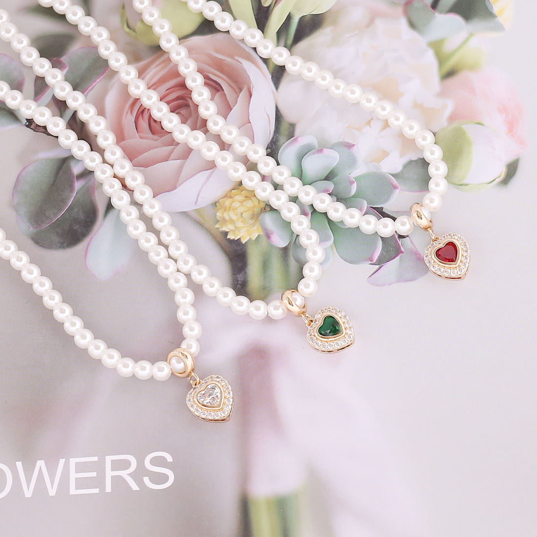 European and American pearl necklace fashion full zircon heart pendant temperament clavicle chain