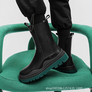 2024 New Men's Genuine Leather Fashion High-Top Boots Trendy Autumn and Winter Fleece-Lined Chelsea Boots Men's Leather Boots