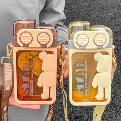 High-quality, cute cartoon children's crossbody water bottle for girls, outdoor square double straw cup, student water drinking cup