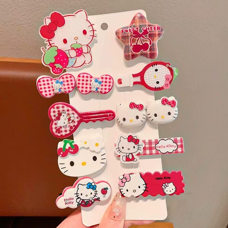 Набор аксессуаров для волос (Hello Kitty) — 10 штук милых японских мультяшных заколок, шпильки и резинки, розовый
