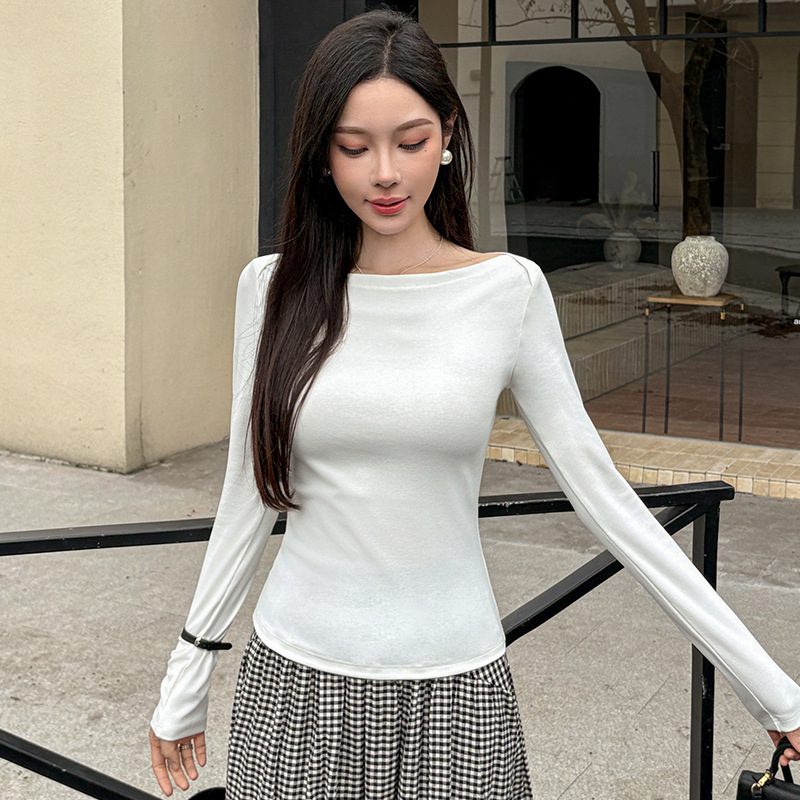 91 Cotton Boat Neck Design Long-Sleeve T-Shirt for Women, Spring and Autumn, Sweet and Spicy Style, Slim Fit, Basic Base Shirt Top 91 Cotton Boat Neck Design Long-Sleeve T-Shirt for Women, Spring and Autumn, Sweet and Spicy Style, Slim Fit, Basic Base Shirt Top