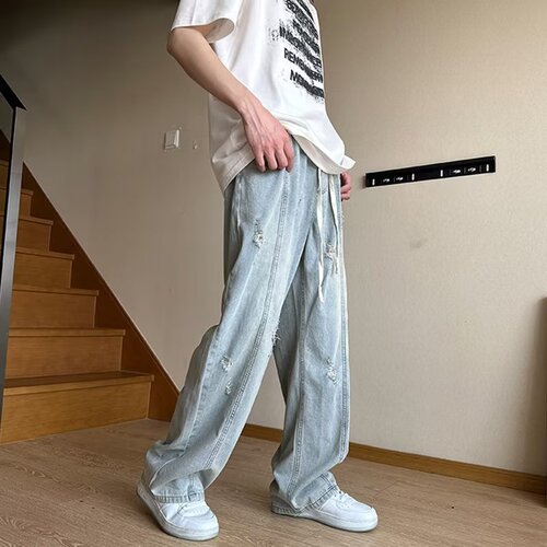 Washed-out denim jeans with an American streetwear vibe, cool and rebellious pants, autumn trendy brand, versatile and loose straight-leg 9/10 pants