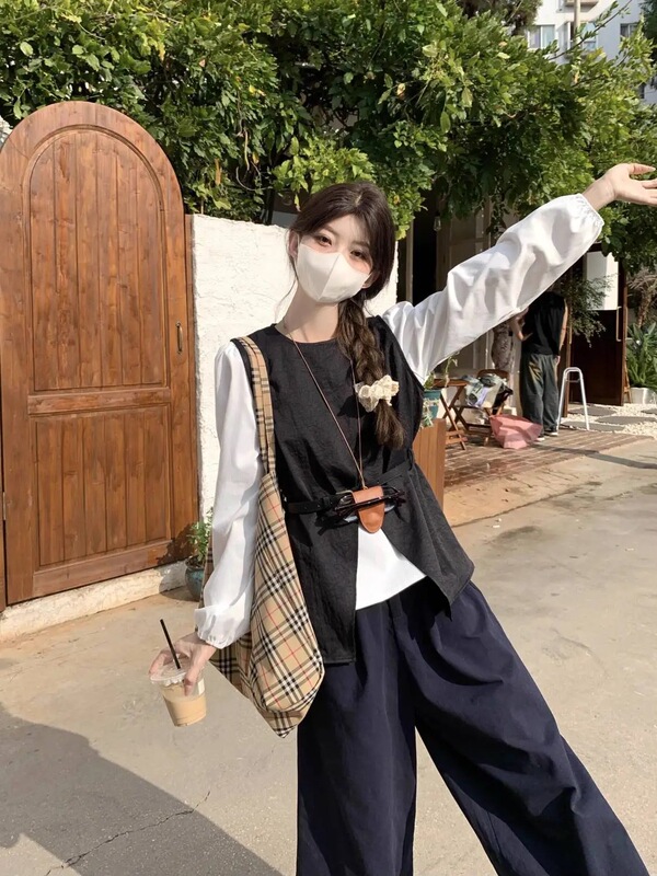 设计感不规则开叉叠穿坎肩马甲长袖衬衫2025女秋季新款时尚套装潮|undefined
