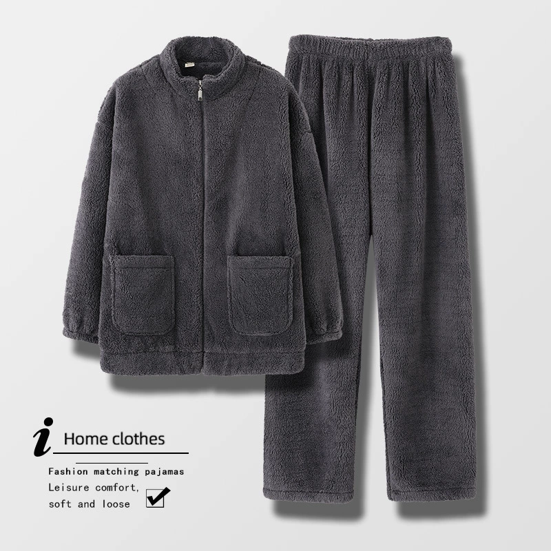 Men's flannel demi-season warm pijama, coral long-sleeve with zipper, velvet cardigan, increased thickness