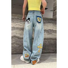 美式卡通米奇贴布刺绣弯刀牛仔裤女2025年秋季新款显瘦百搭阔腿裤