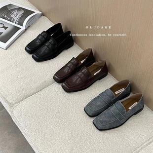 LUDAKE Deer Big Can Retro British Style Square Toe Deep Mouth Loafers Korean Style All-Match Thick Heel Slip-on Shoes