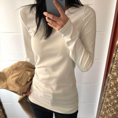 白色德绒正肩长袖T恤女秋季圆领内搭修身收腰中长款打底衫上衣