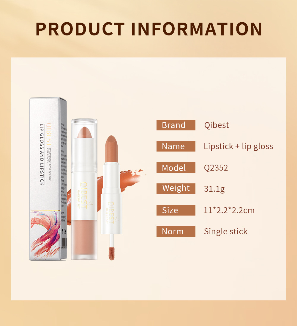 QIBEST double-headed velvet makes the lips look fair and red, does not fade easily, matte non-stick cup, long-lasting natural three-dimensional lip gloss, cross-border undefined