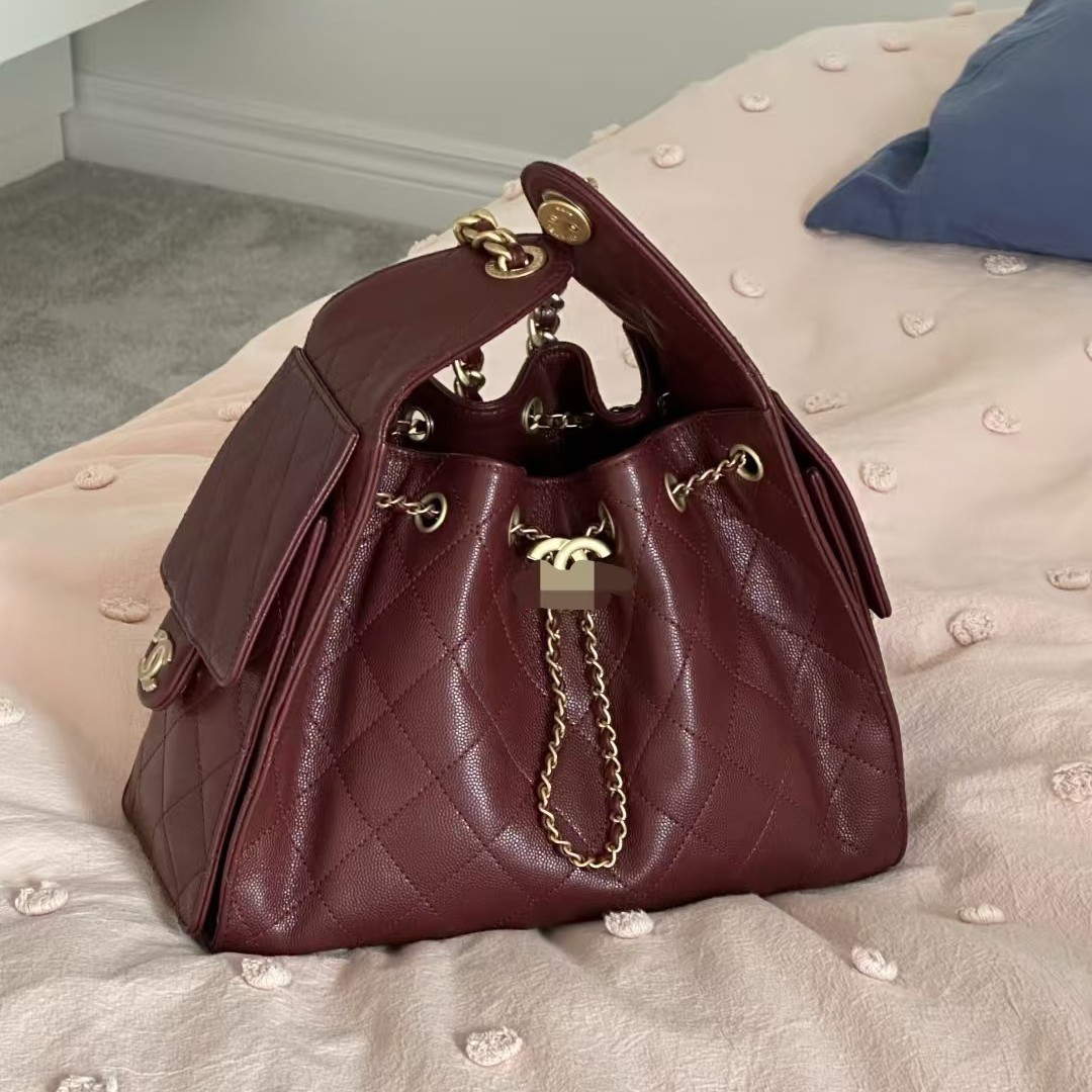 Cross-border Wholesale 25C Hippie HOBO Genuine Leather Quilted Chain Bag Drawstring Bucket Bag Underarm Bag Shoulder Bag for Women - Thumbnail 3