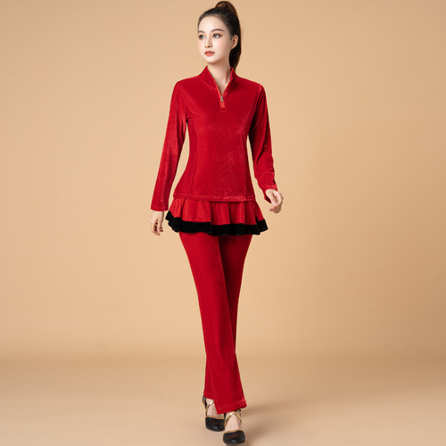 Luoshen square dance costume gold velvet suit autumn and winter new splicing sports fitness thickened dance suit skirt pants for women