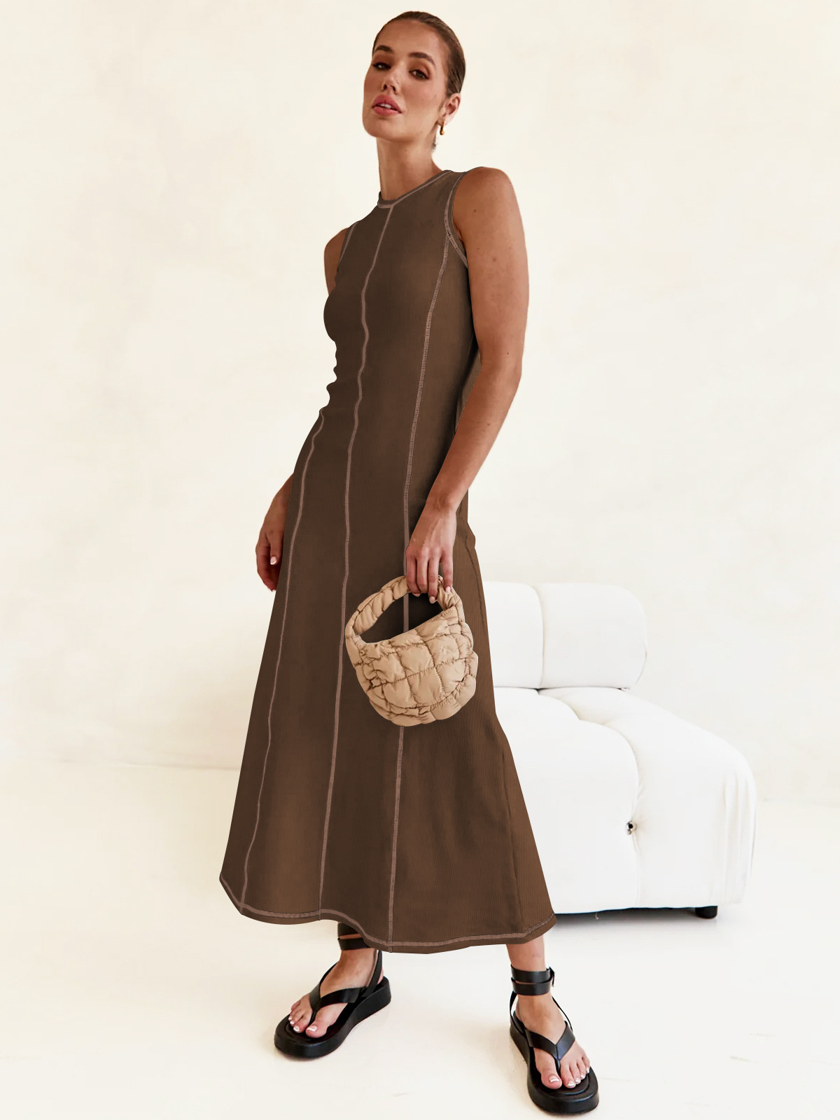 Women's Sheath Dress Streetwear Round Neck Sleeveless Stripe Solid Color Maxi Long Dress Daily display picture 31