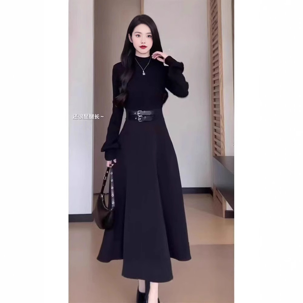 검은 색 하이 엔드 긴팔 원피스 어린이 가을과 겨울 스파이스 소녀 순수한 욕망 작은 코트 베이스 롱 스커트