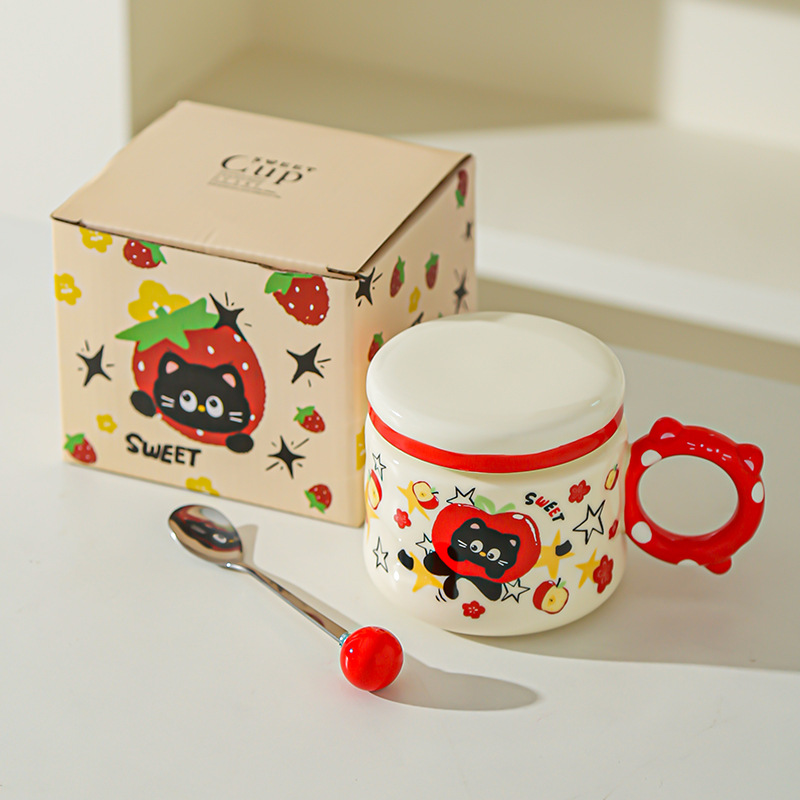 Regalo de cumpleaños Taza de dibujos animados para novias Taza de cerámica con tapa Regalo de mano Taza de agua para gatos lindos