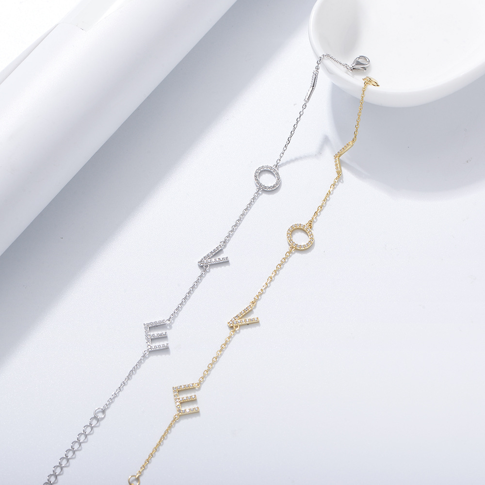 Amor inglés letras diamante pulsera de plata esterlina mujer ins estilo nicho diseño europeo y americano personalidad simple pulsera de circón