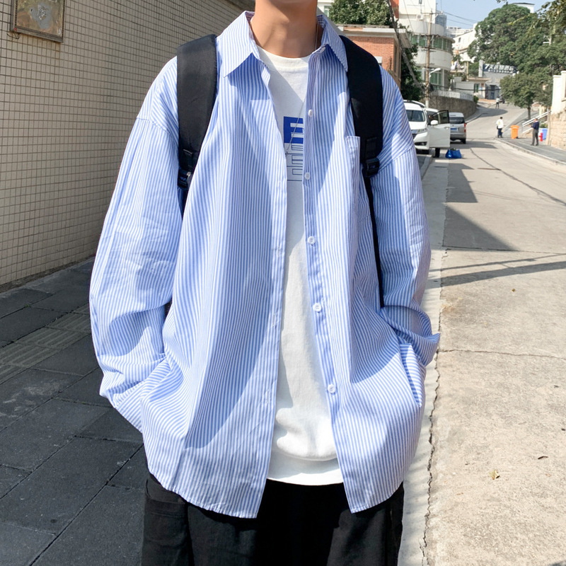 Blue Striped Shirt Men's Long-sleeved Summer Thin Shirt Japanese Style Trendy Hong Kong Style Coat