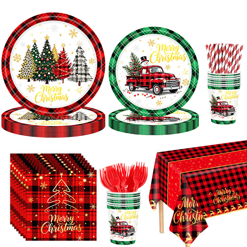 Retro Red Checkered Christmas Party Paper Plates Red and Green Checkered Christmas Disposable Tableware Set Party Decoration Supplies