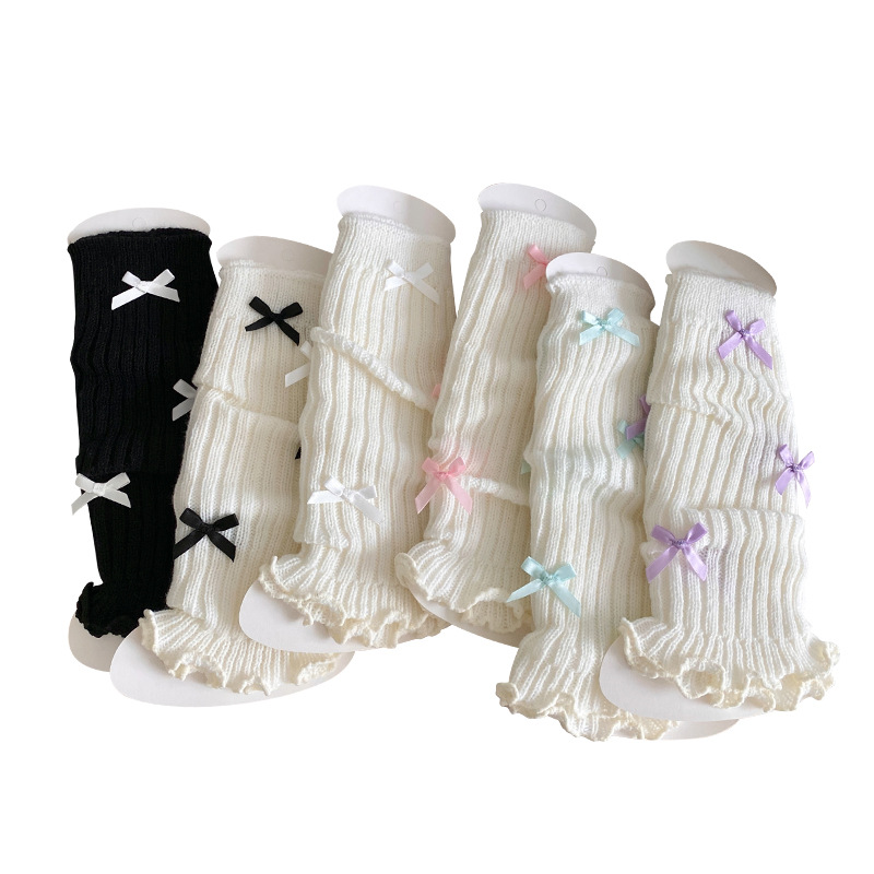 Scaldamuscoli Calzini in cotone per donna Calzini in pile lavorato a maglia Primavera e autunno Leggings bianchi autunnali e invernali con fiocco a tubo medio_voghion.com