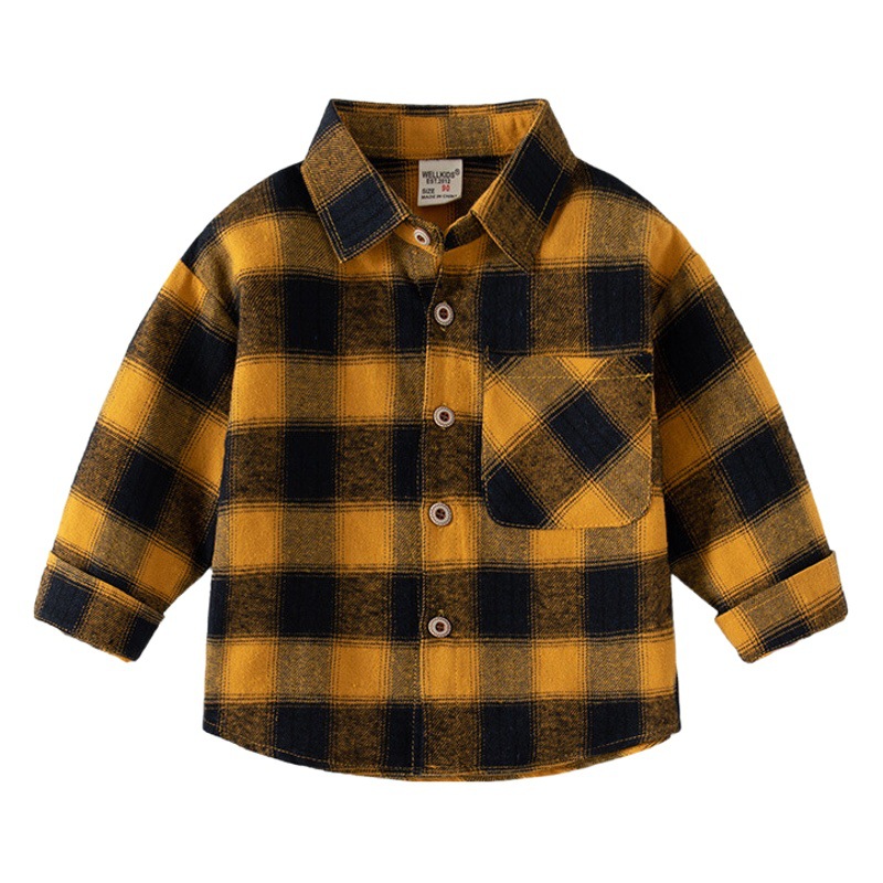 New Plaid Long-Sleeved Shirt for Children and Middle-Aged Children, Spring Lapel Comfortable Cotton Shirt, Korean Style Handsome Boy's Shirt