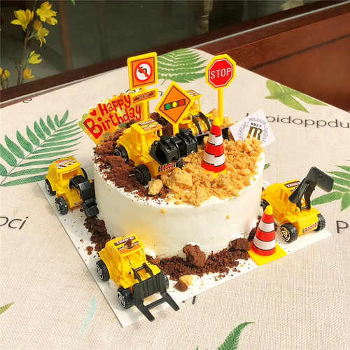 Baking cake decoration excavator excavator engineering vehicle cake ornaments road signs traffic instructions birthday decoration