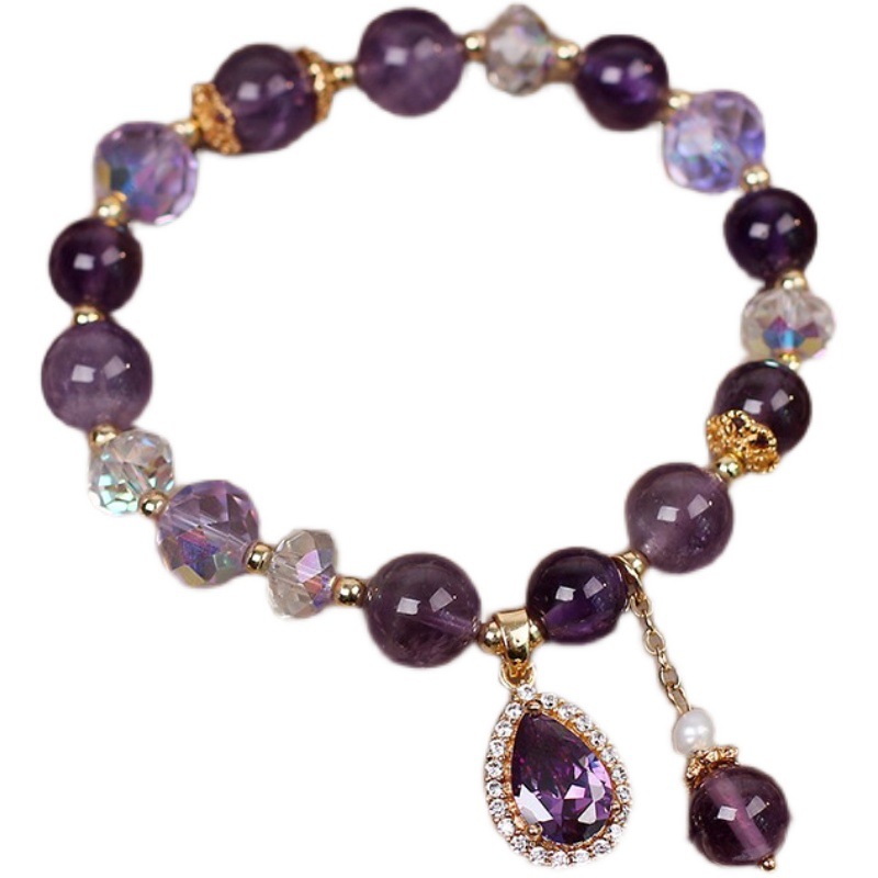 Pulsera de amatista natural al por mayor nicho de mujer lujoso delicado joyería de cuatro hojas colgante pulseras de cristal púrpura