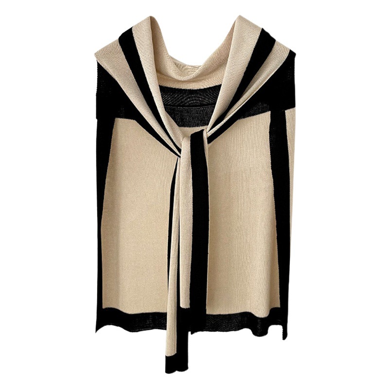 Mantón de protección solar de punto para mujer primavera y verano habitación con aire acondicionado moda Navy estilo costura contraste color desgaste exterior pequeño chal collar falso