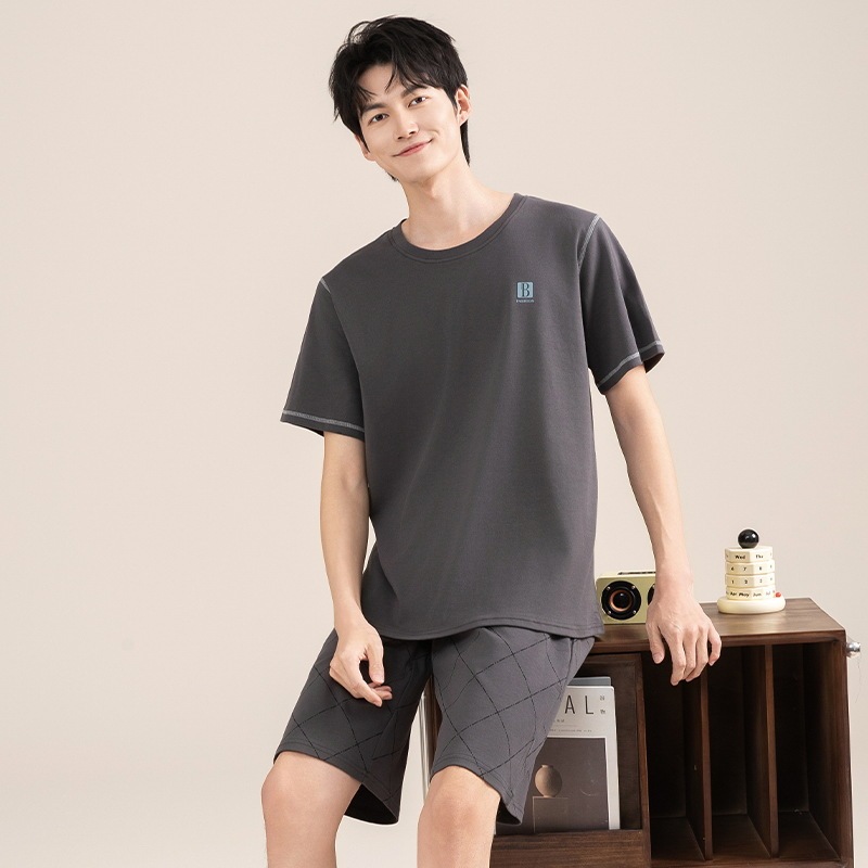 2025新型パジャマ男性夏純綿半袖長ズボンの薄いタイプのカジュアルな家庭服綿セット|undefined