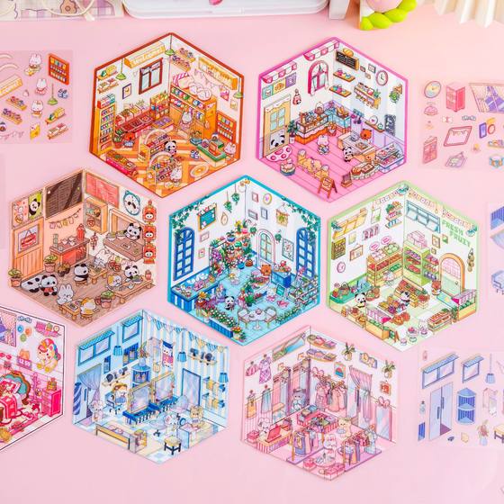 3D Stereoscopic Landscape Stickers Korean Fun Cartoon Cute Dream Cabin Little Red Riding Book Decompression DIY Hand Account Stickers