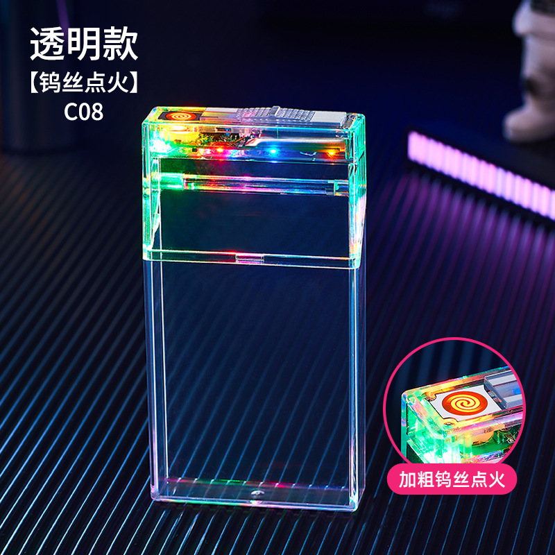 发光透明烟盒USB充电点烟器20支一体透明塑料抗压通用烟盒保护套|undefined