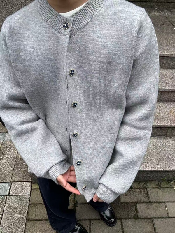 Old Money Style Jersey Gray Rhinestone Button Sweater Cleanfit Atmosphere Old Money Knit Cardigan Coat