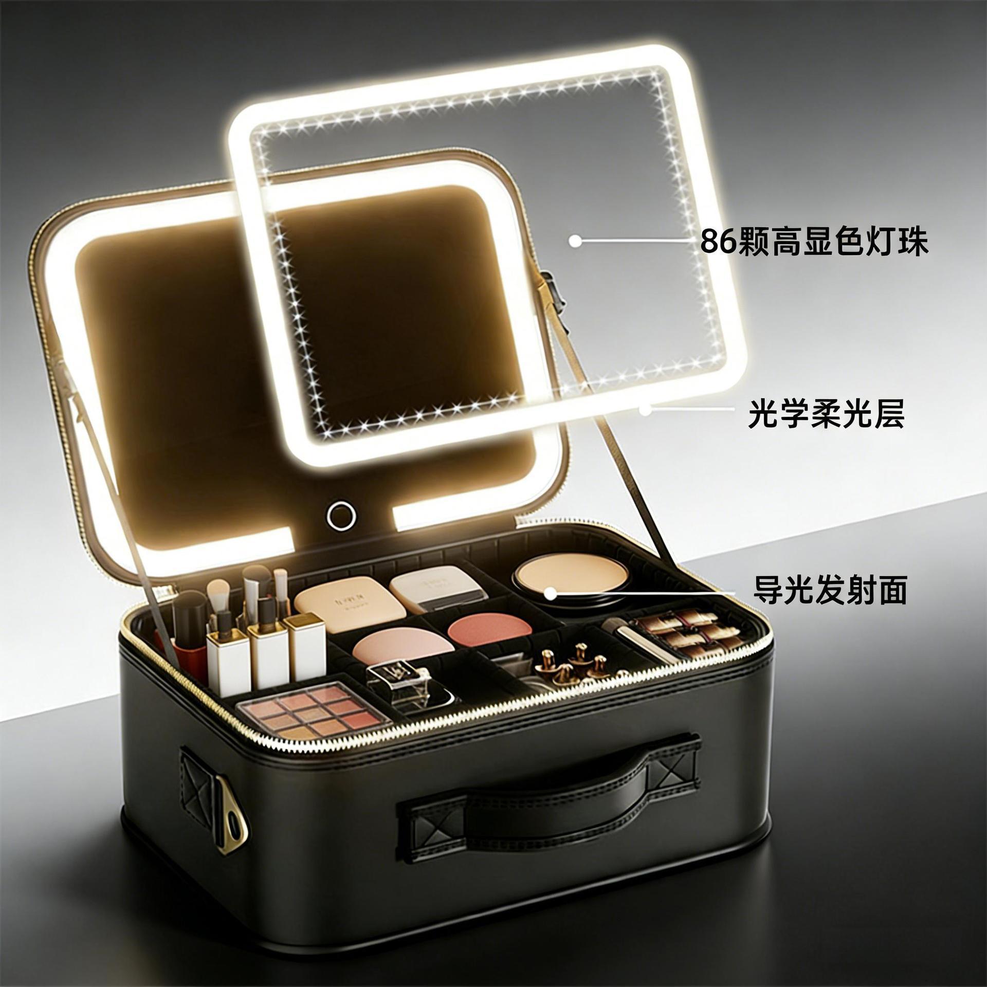 Caja de maquillaje con lámpara LED, bolsas de maquillaje con espejo, bolsas de almacenamiento portátiles de gran capacidad y maquillaje personalizado.