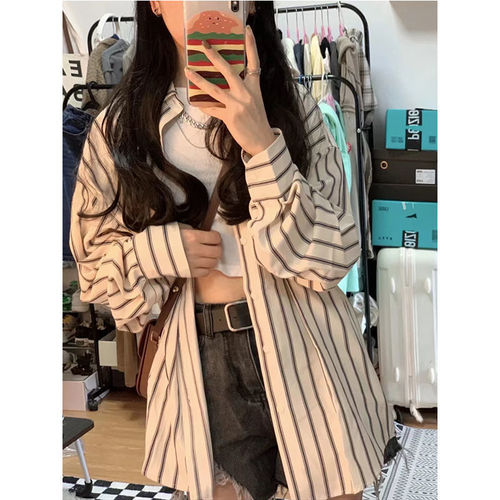 Women's Striped Shirt Jacket Summer 2025 New Korean Style Design Sense Unusual Thin Open Top Long Sleeve Top