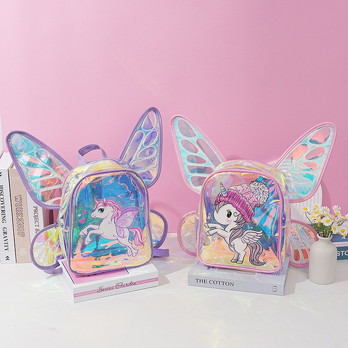 New Fashion Laser Butterfly Wing Backpack for Kids, Cute Unicorn Transparent TPU Trendy Backpack