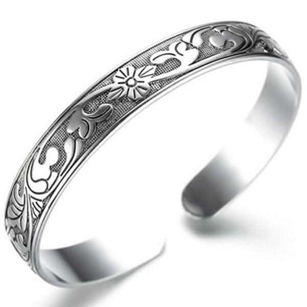 经典款复古时尚苗族手镯女款民族风荷叶花纹染黑手环文艺开口饰品