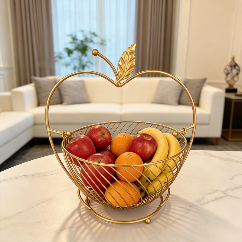 Nordic Light Luxury Iron Art Apple-Shaped Fruit Basket, Gold Wire Fruit Storage Basket, Living Room Coffee Table Snack Storage Basket