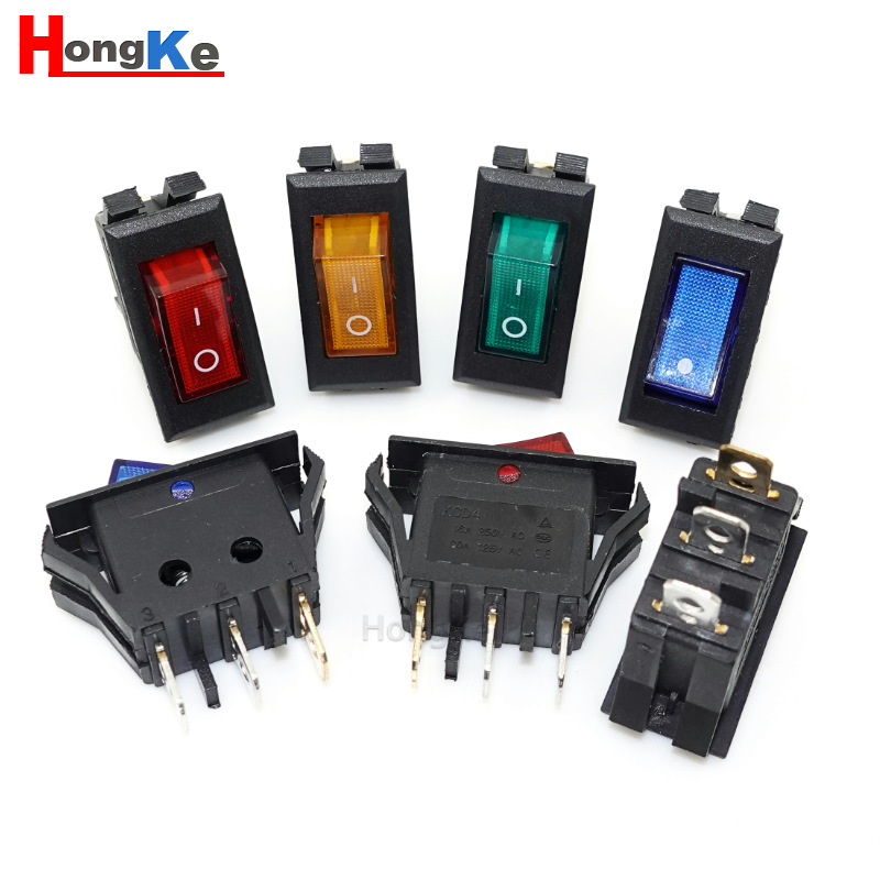 双卡位带灯船型开关 KCD3B2 双卡位3脚2档带灯翘板开关 底座印点