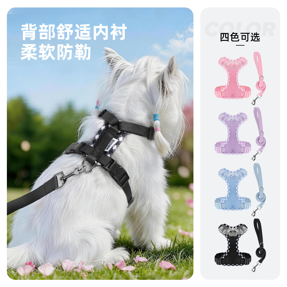 Nuevo tipo de mascota fuera de la cuerda de tracción de encaje arco chaleco tipo perro pecho trasero respirado anti-asfixia cuerda de tracción de perro