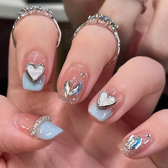Short blue French Fritillaria Love Wearable Manicure Whitening Gentle Chain Diamond Nail Art Stickers Fake Nails Wholesale Nails