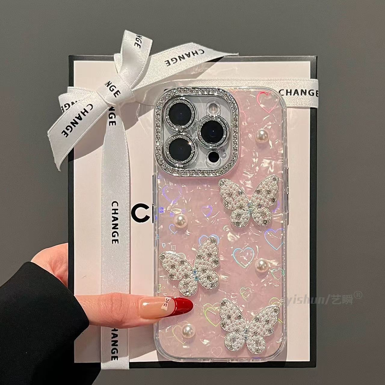 Suitable for Apple 17Promax Rhinestone Pearl Butterfly Mobile Phone Case Iphone15 Shell Pattern 14 Laser Anti-Fall Cover