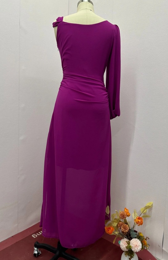 Women's Clothing solid color fashion oblique collar raglan sleeve slim temperament dress_mkmklike.com