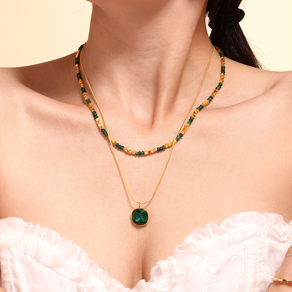 Natural Stone Bead Crystal Pendant Necklace, Stainless Steel Versatile, Double-layer Layered Collarbone Chain Necklace, Necklace Accessory_voghion.com