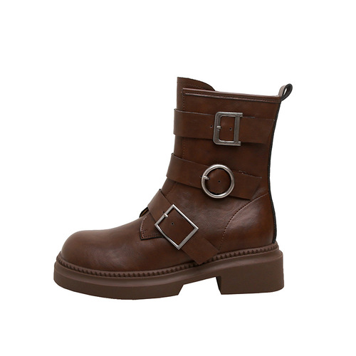 Martin boots, women's genuine leather, autumn and winter, new belt buckle, platform sole, motorcycle knight boots, retro British style short boots