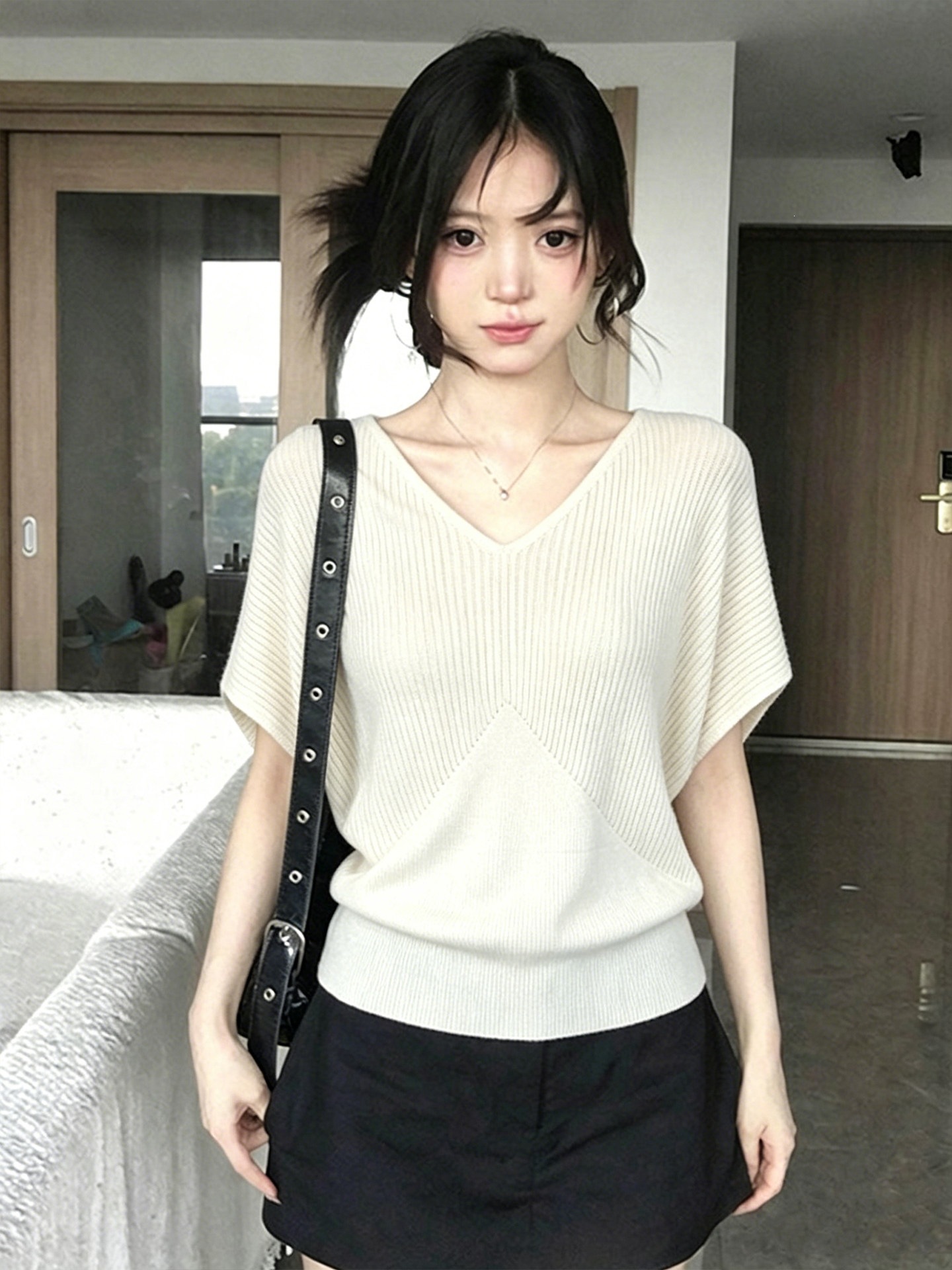 Plus-size Korean-style minimalist batwing sleeve knit top for women, summer loose-fit short-sleeve apricot-colored slimming top