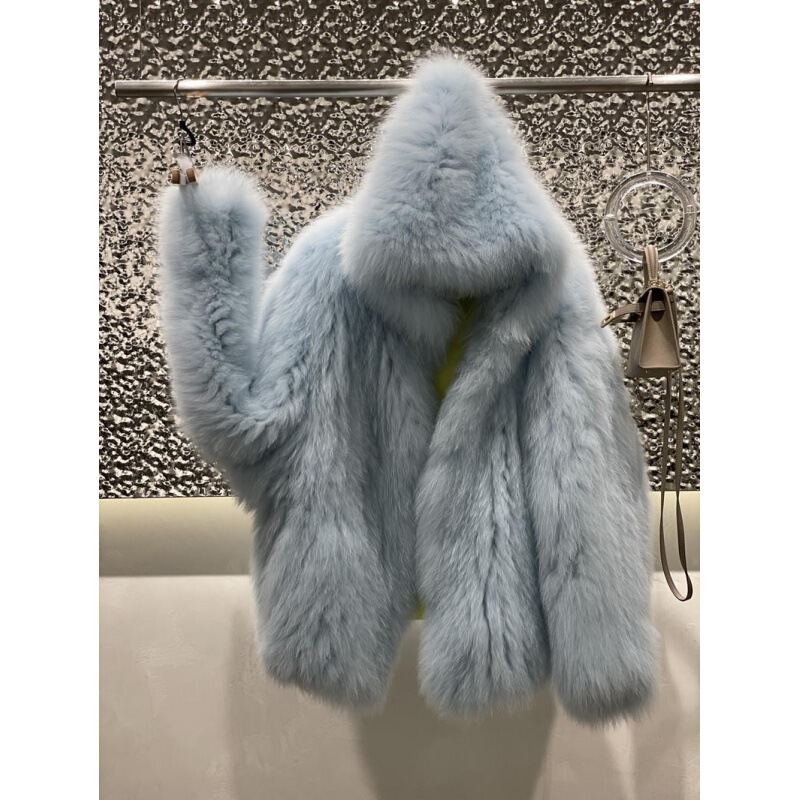 2024 Autumn/Winter Double-Sided Knitted Imported Fox Fur Hooded Bear Coat Mid-Length Fur Coat