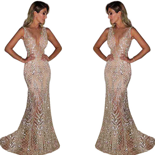 2025 Women's Evening Gown Long Sleeveless Dress Amazon Sexy Deep V Spandex Dress