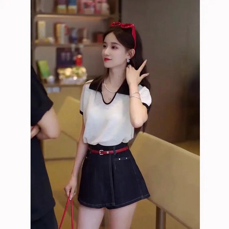 2025 夏服韓国風コントラストカラーポロカラー半袖 Tシャツレディース万能ハイウエストデニムキュロットツーピーススーツ|undefined